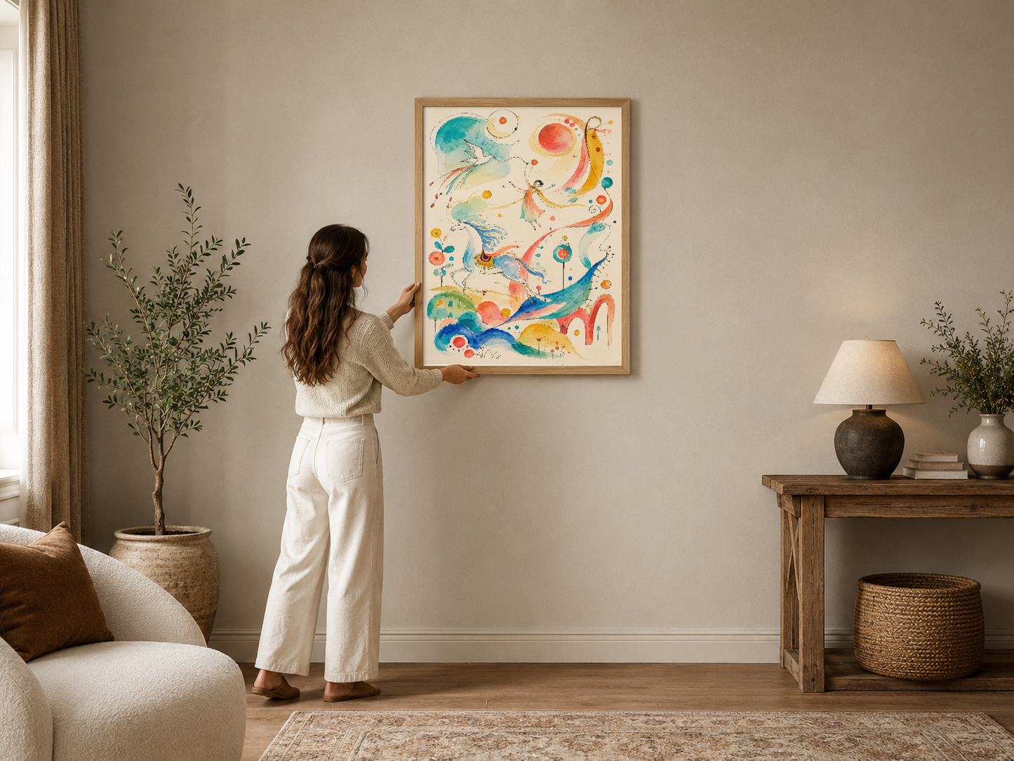 Renkli soyut figürler ve organik şekillerle dolu canlı sanat tablosu, ahşap çerçevede modern oturma odasını süslemektedir.