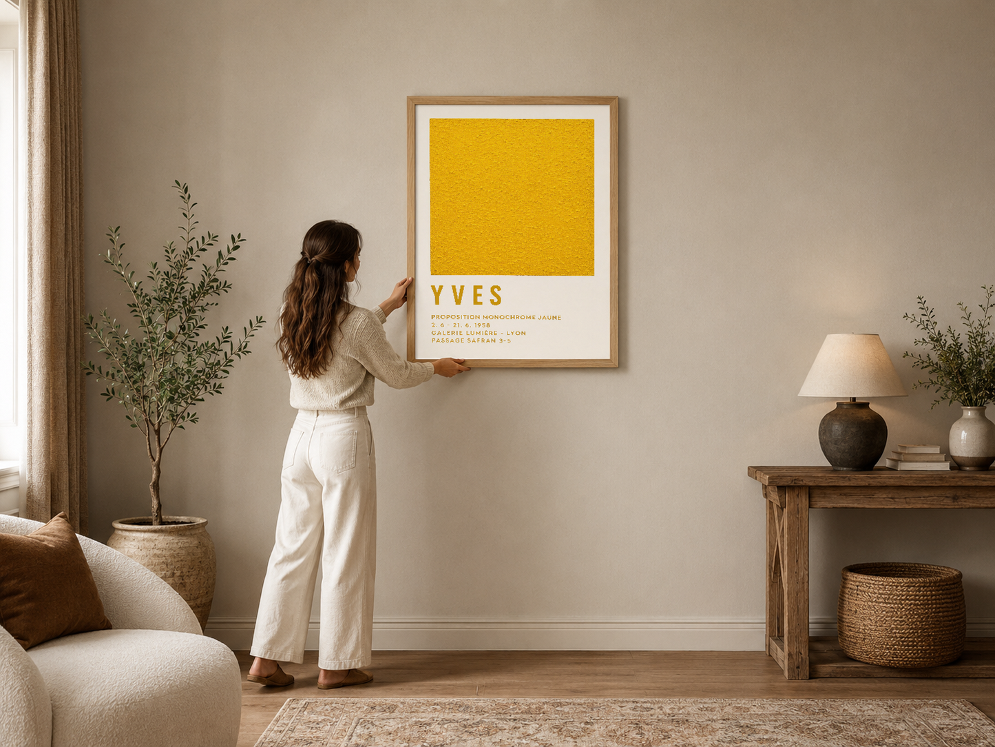 Sarı monokrom tasarımı ve minimalist tipografi ile çağdaş dekorasyon tüyosu sunan poster, ahşap çerçevede.