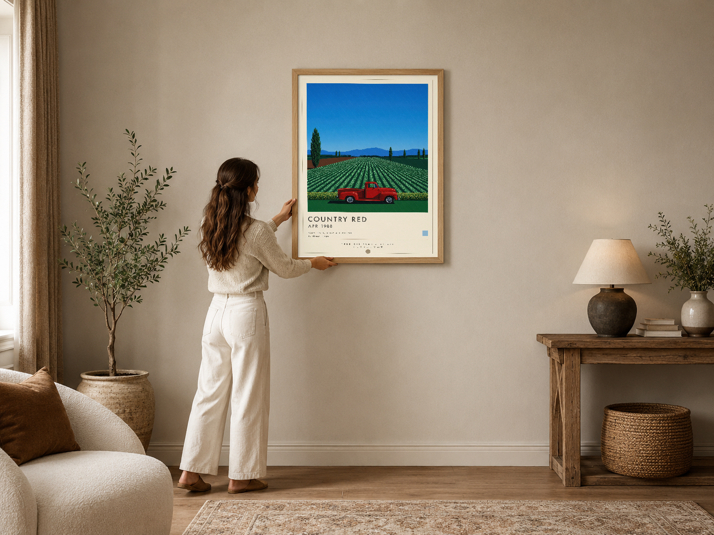 Kırmızı traktörlü tarla sahnesi poster, açık ahşap çerçevede modern oturma odasının duvarını süslüyor.