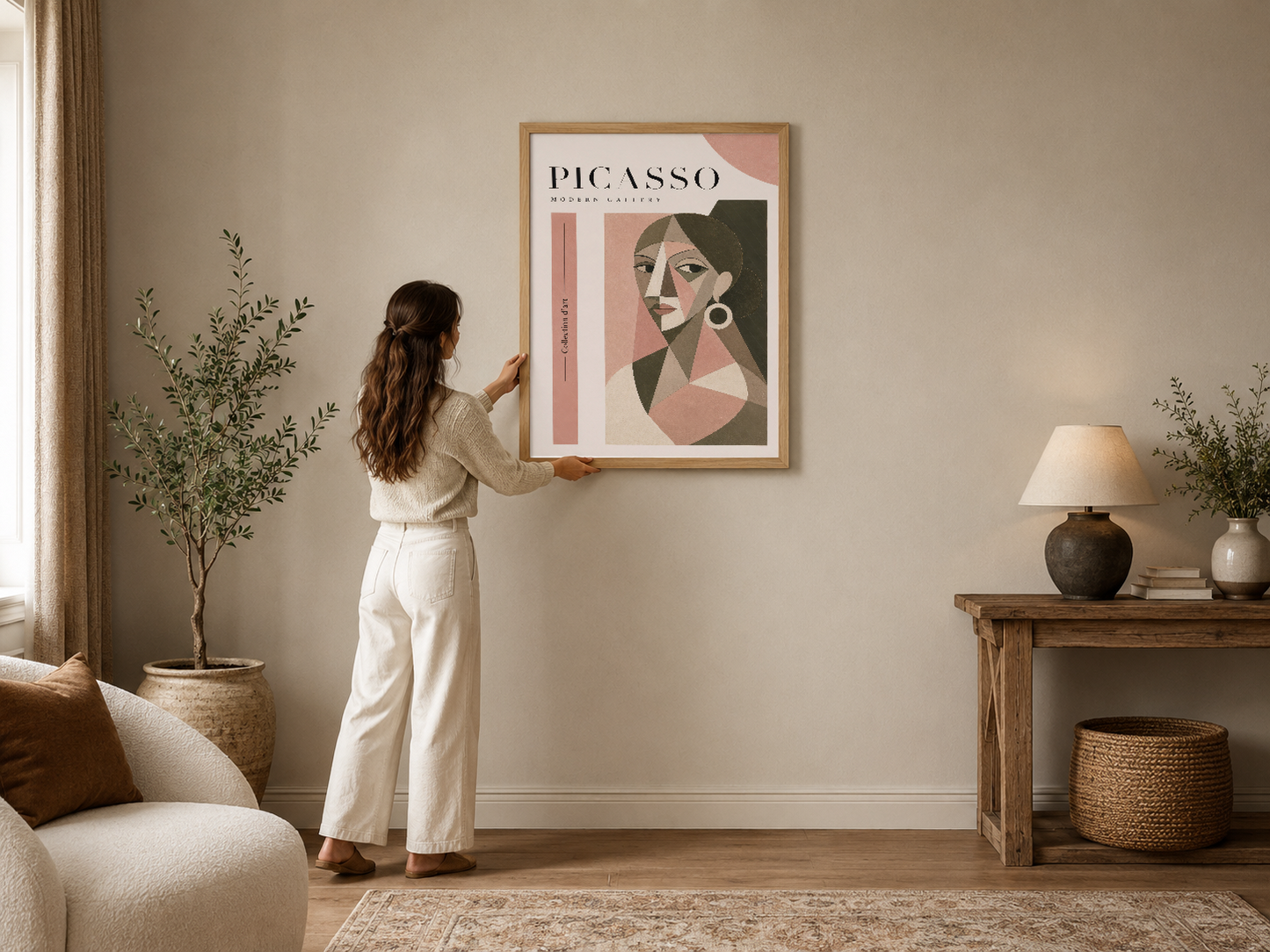 Picasso Modern Gallery posteri, soyut kadın portresi tasarımı, ahşap çerçeveli, minimalist ev dekorasyonunda duvar sanatı.