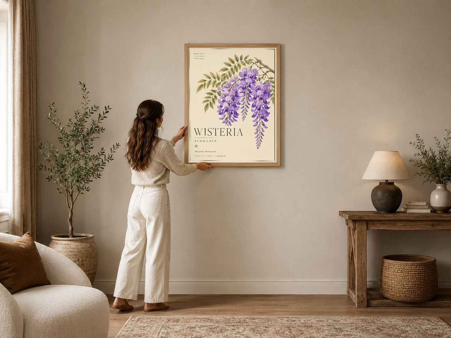 Wisteria çiçeklerinin botanik teması, şık ahşap çerçevede, nötr modern oturma alanında duvar dekorasyonu.