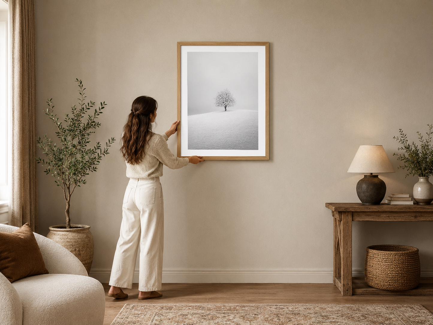 Minimallist ahşap çerçeveli tablo, kış manzarası ve yalnız ağaç teması ile sade modern oturma odasını tamamlar.