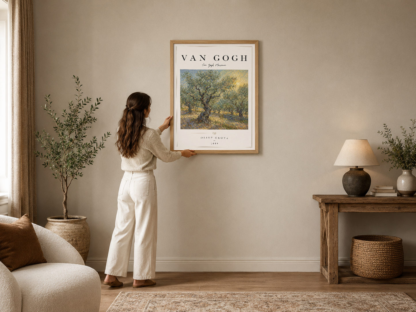 Van Gogh Olive Grove tablosu, ahşap çerçevede, modern oturma odasının duvarında klasik sanat estetik.