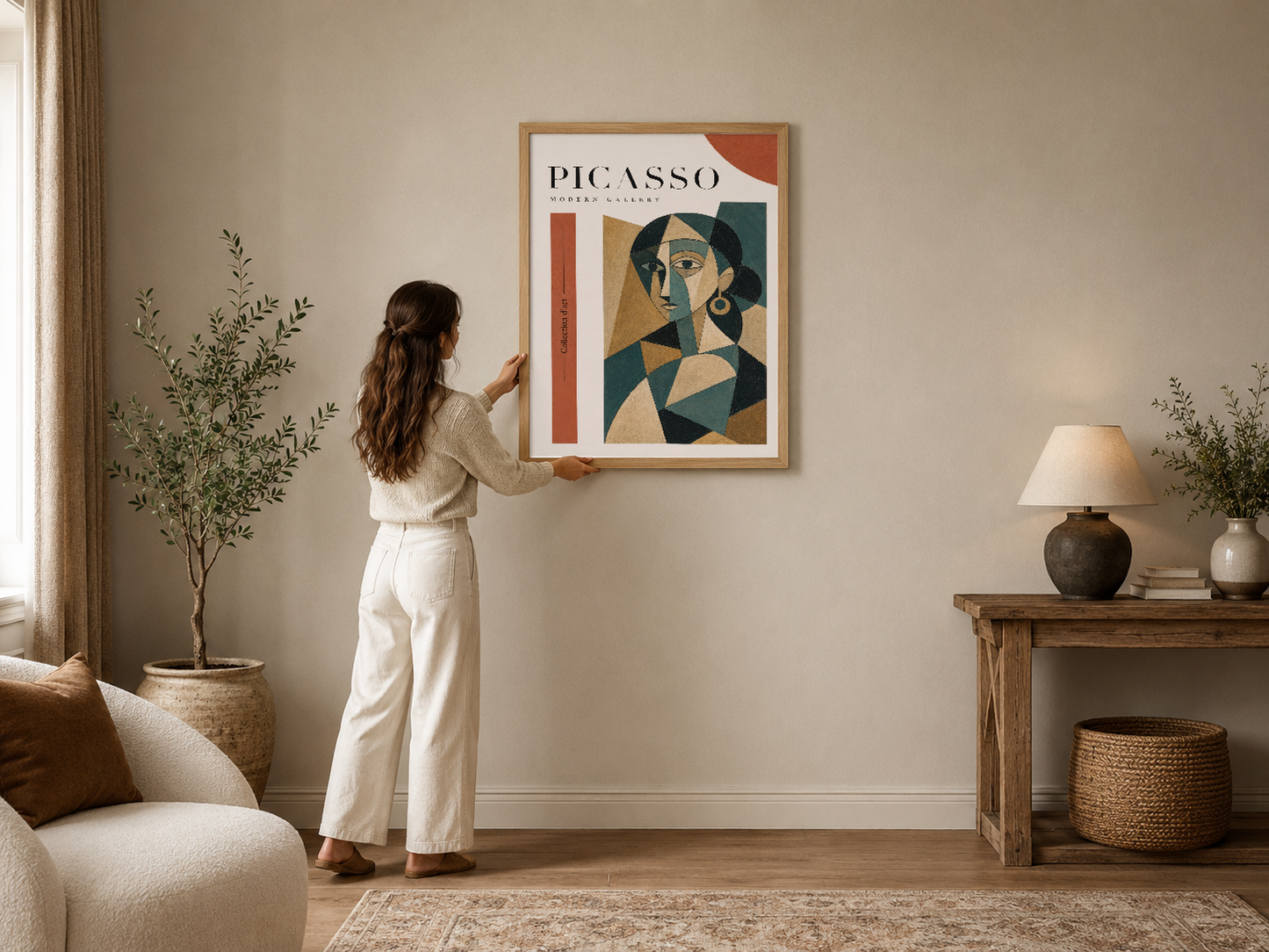 Picasso Modern Gallery tablosu, geometrik yüz portresini pastel tonlarında, çerçeveli şekilde oturma odasında sergiliyor.