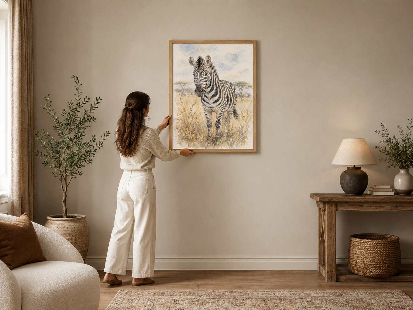 Savannadaki genç zebrası doğal tonlarla işlenmiş ahşap çerçeveli duvar tablosu, modern oturma alanında.