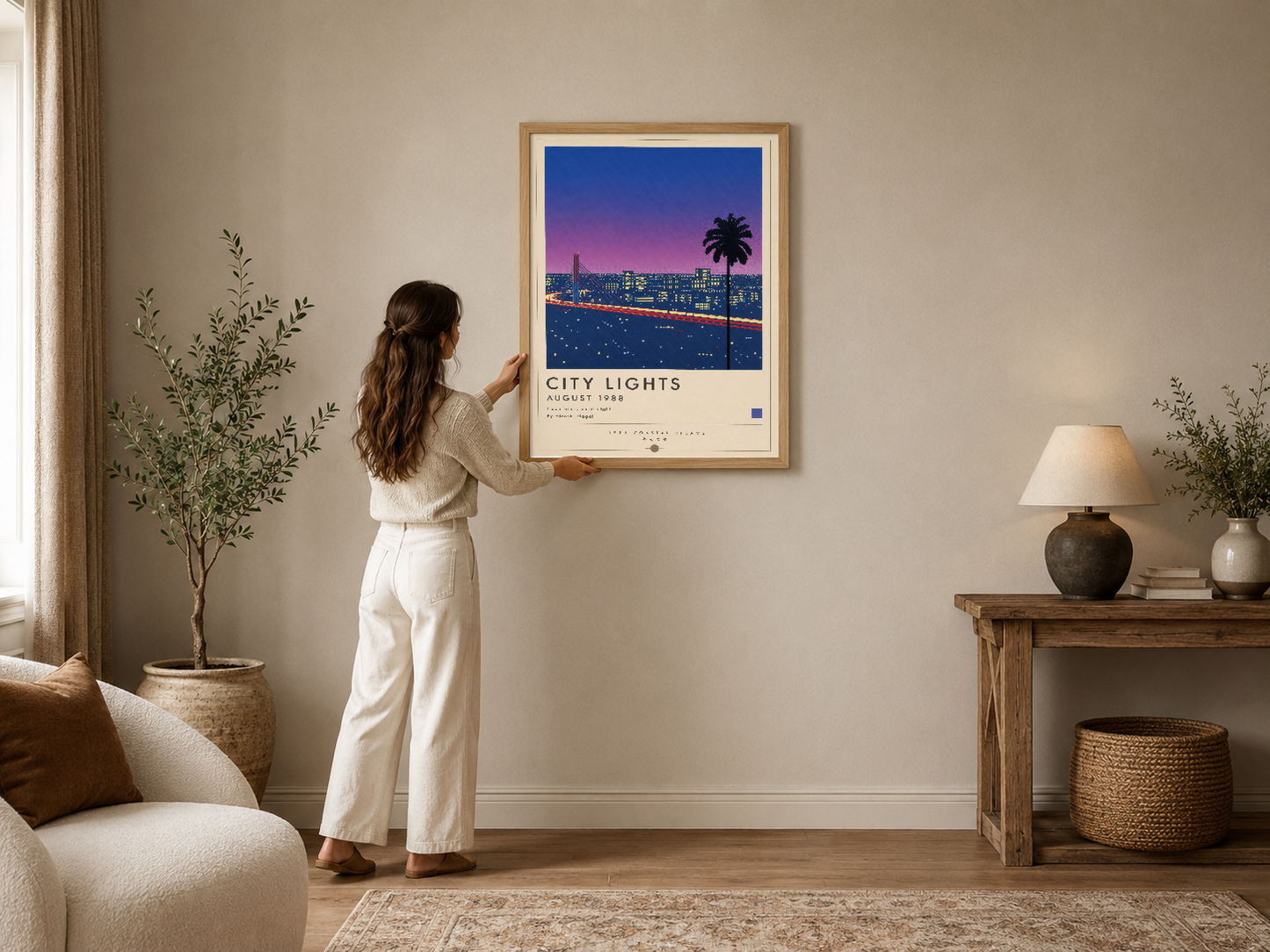 Gece şehir ışıklarını gösteren retro poster, ahşap çerçeveli, modern oturma odasında kanepenin üstünde.