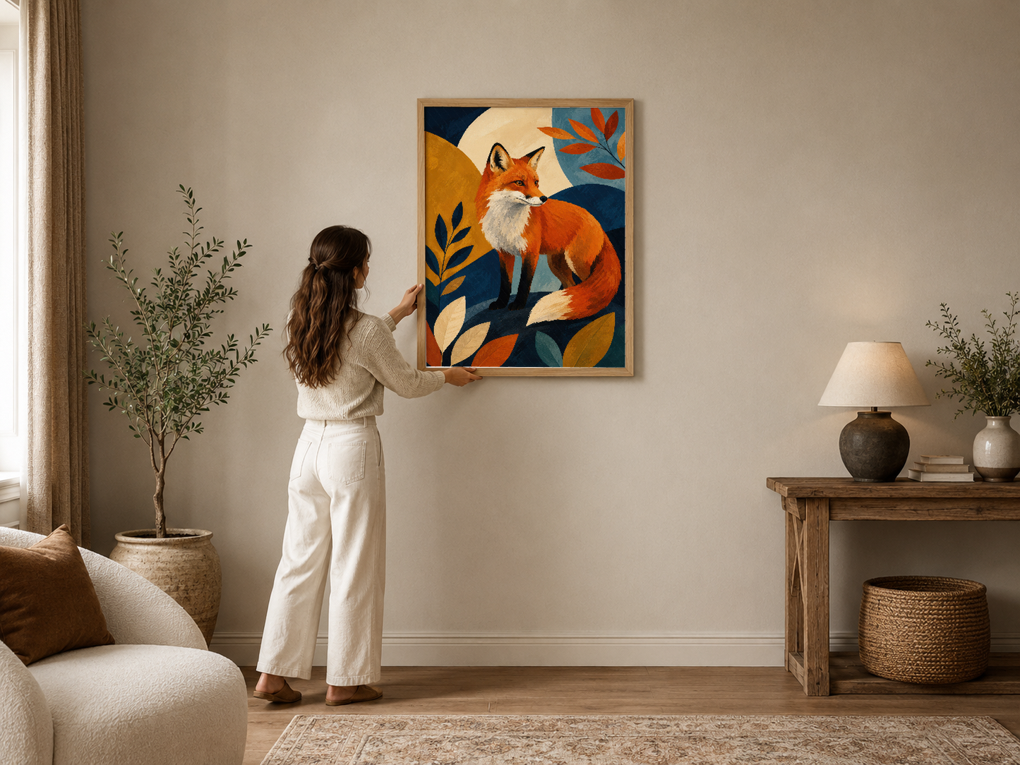Renkli çerçeveli modern tilki posteri, sıcak tonlardaki soyut bitkiler ve ay motifleriyle minimalist oturma alanını
