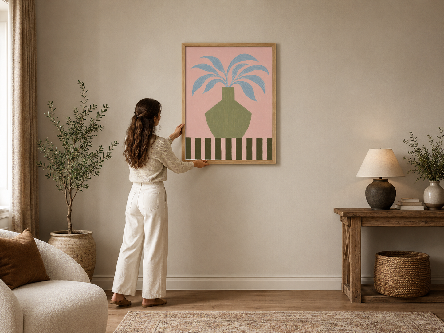 Pembe zeminde mavi yapraklı bitki ve yeşil geometrik saksı tasarımı modern çerçeveli poster.
