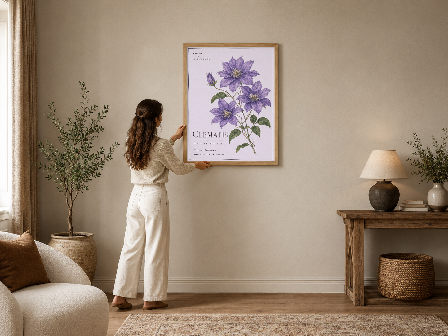 Açık renkli oturma odasında, doğal ahşap çerçeveli mor clematis çiçeği tablosu duvar dekorasyonu.