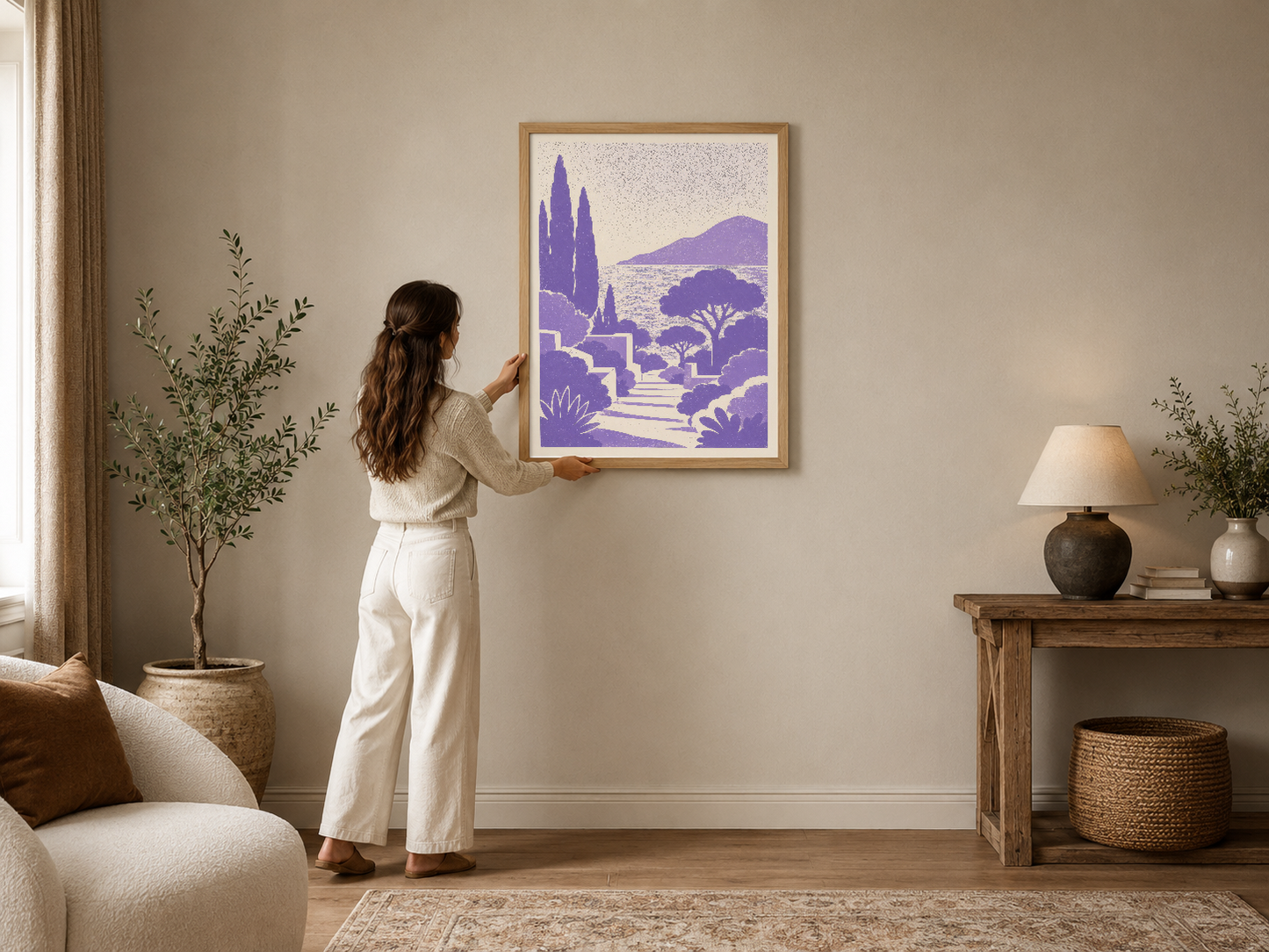 Mor tonlarda İtalyan manzarası, Akdeniz mimarisini aksettiren şık poster, ahşap çerçeve içinde.