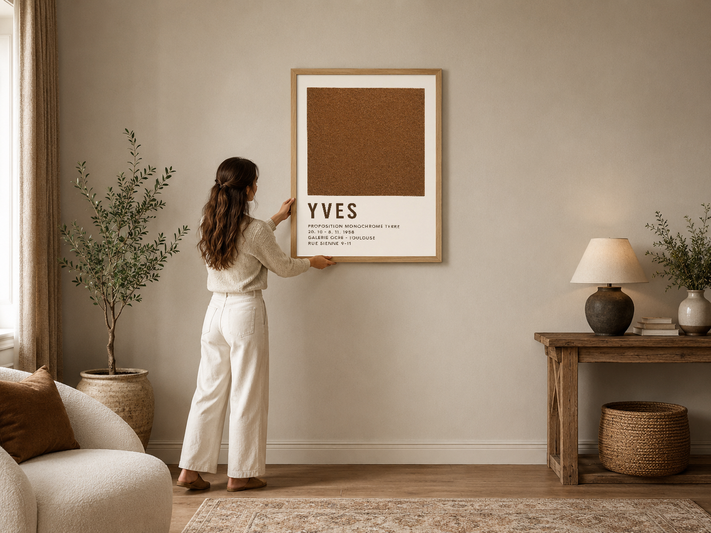 Kahverengi monokrom tasarım ve typografi detayıyla minimalist YVES posteri, ahşap çerçevede modern oturma odasını tamamlıyor.