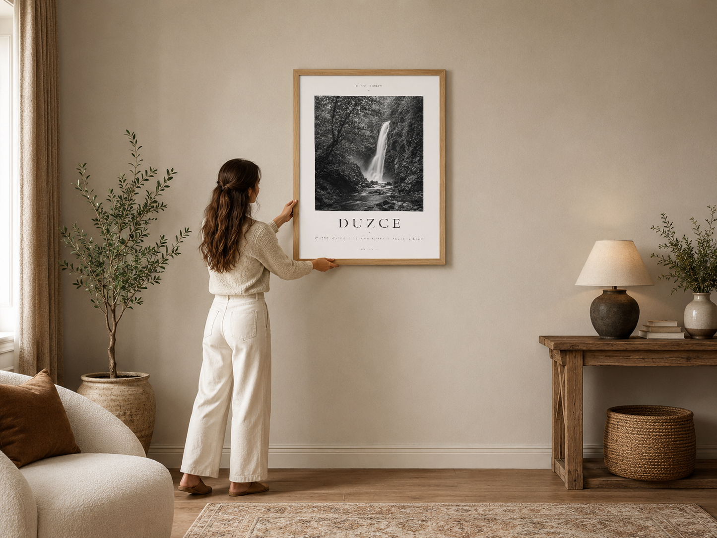 Şelale manzarası siyah-beyaz poster, ahşap çerçevede modern oturma odasının duvarında asılı.