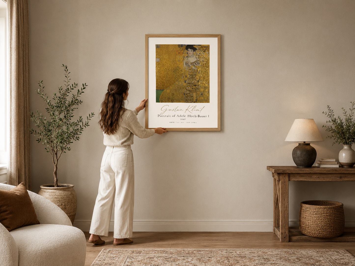 Klimt'in altın tonlarındaki Adele Bloch-Bauer portresi, ahşap çerçevede modern oturma odasının duvarını süsleyen şık bir