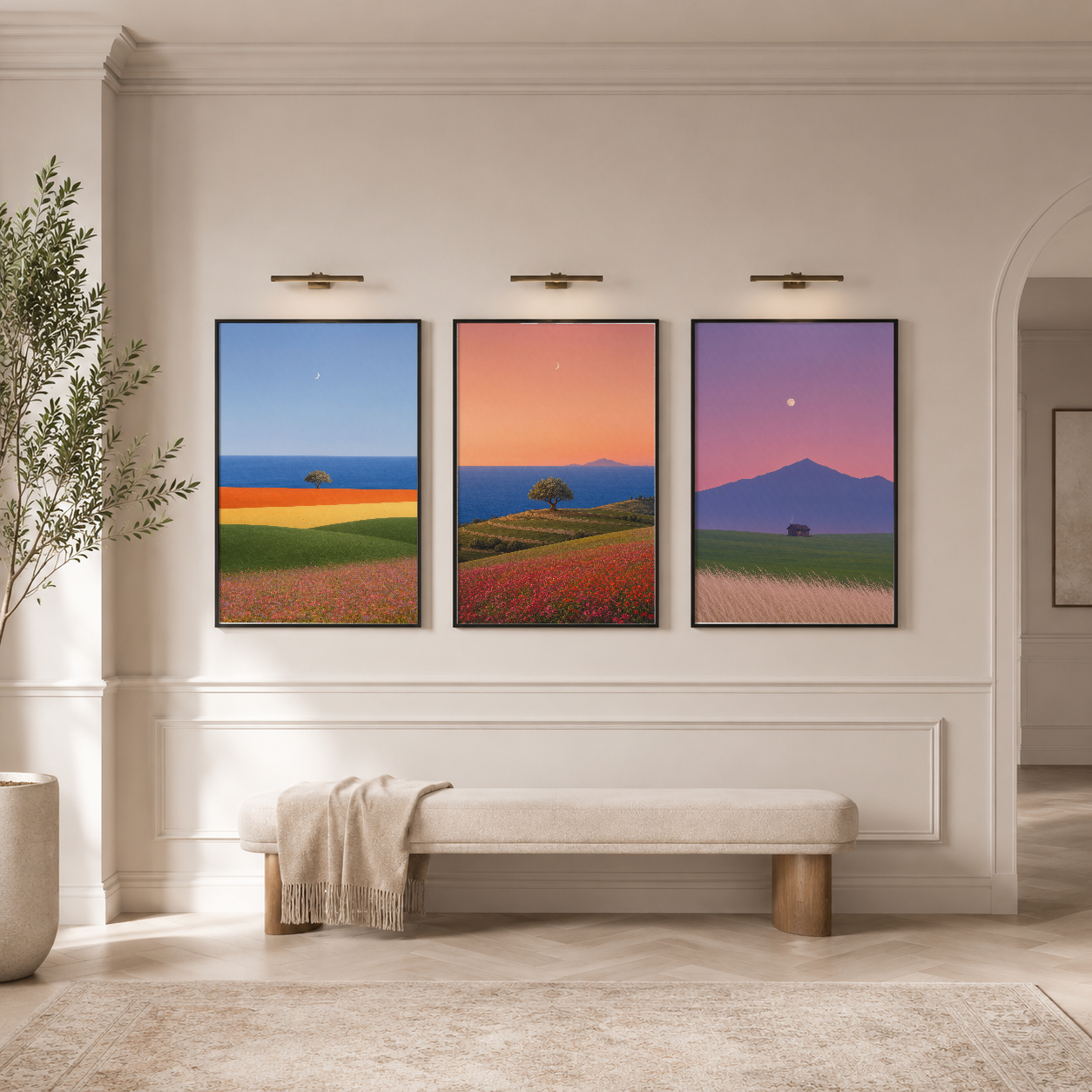 Çerçeveli üç panel tablo seti, renkli manzara resimlerinden oluşan modern sanat koleksiyonu.