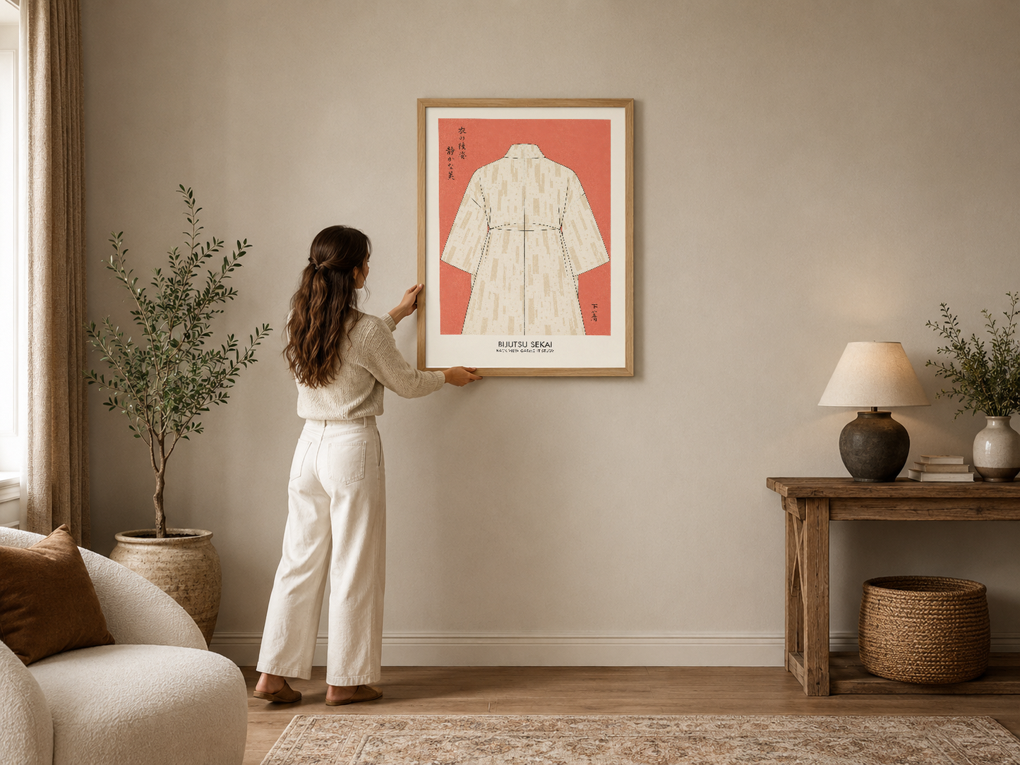 Mercan arka fonda çizilmiş beyaz kimono tasarımı, Japon karakterleri ve şık ahşap çerçevede sergilenen minimalist sanat