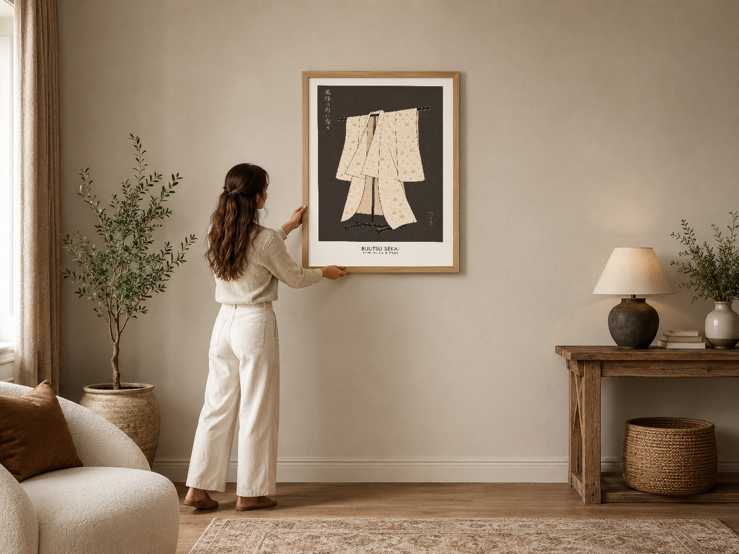 Çerçeveli kimono sanat tablosu, nötr dekorasyon içinde zarif duvar heykelidir.