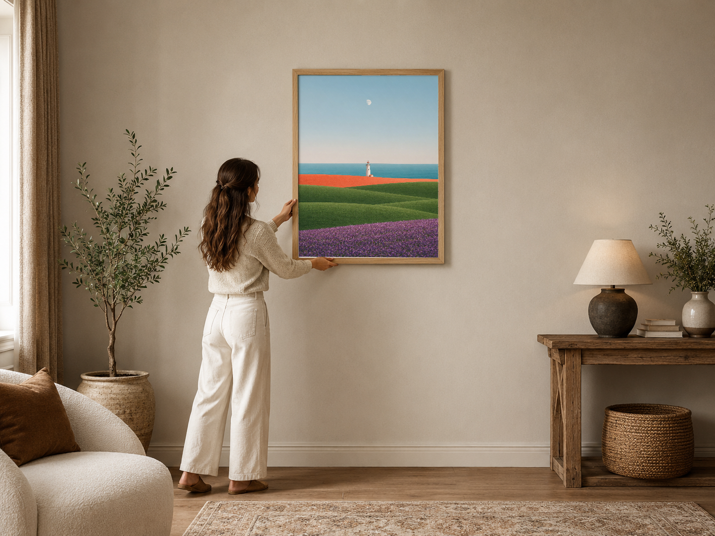 Deniz manzaralı tablo, renkli çiçek tarlası ve fener motifiyle modern oturma odasını aydınlatan çerçeveli poster.