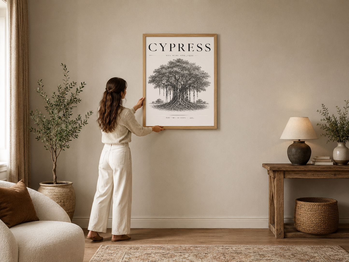 Cypress ağacının detaylı gravür stilindeki tablosu, ahşap çerçevede, minimalist ve doğa temalı oturma odasında.