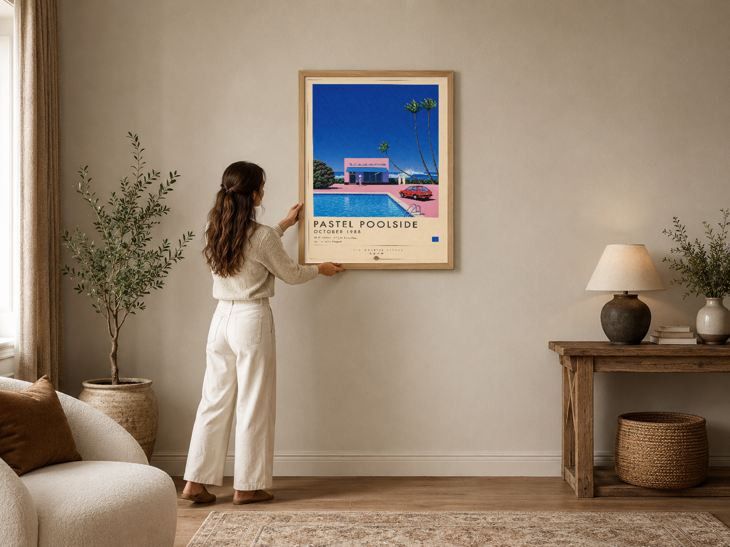 Pastel Poolside posteri, ahşap çerçevede, 1988'den esinlenen retro sanat tablosu modern oturma odasında sergileniyor.