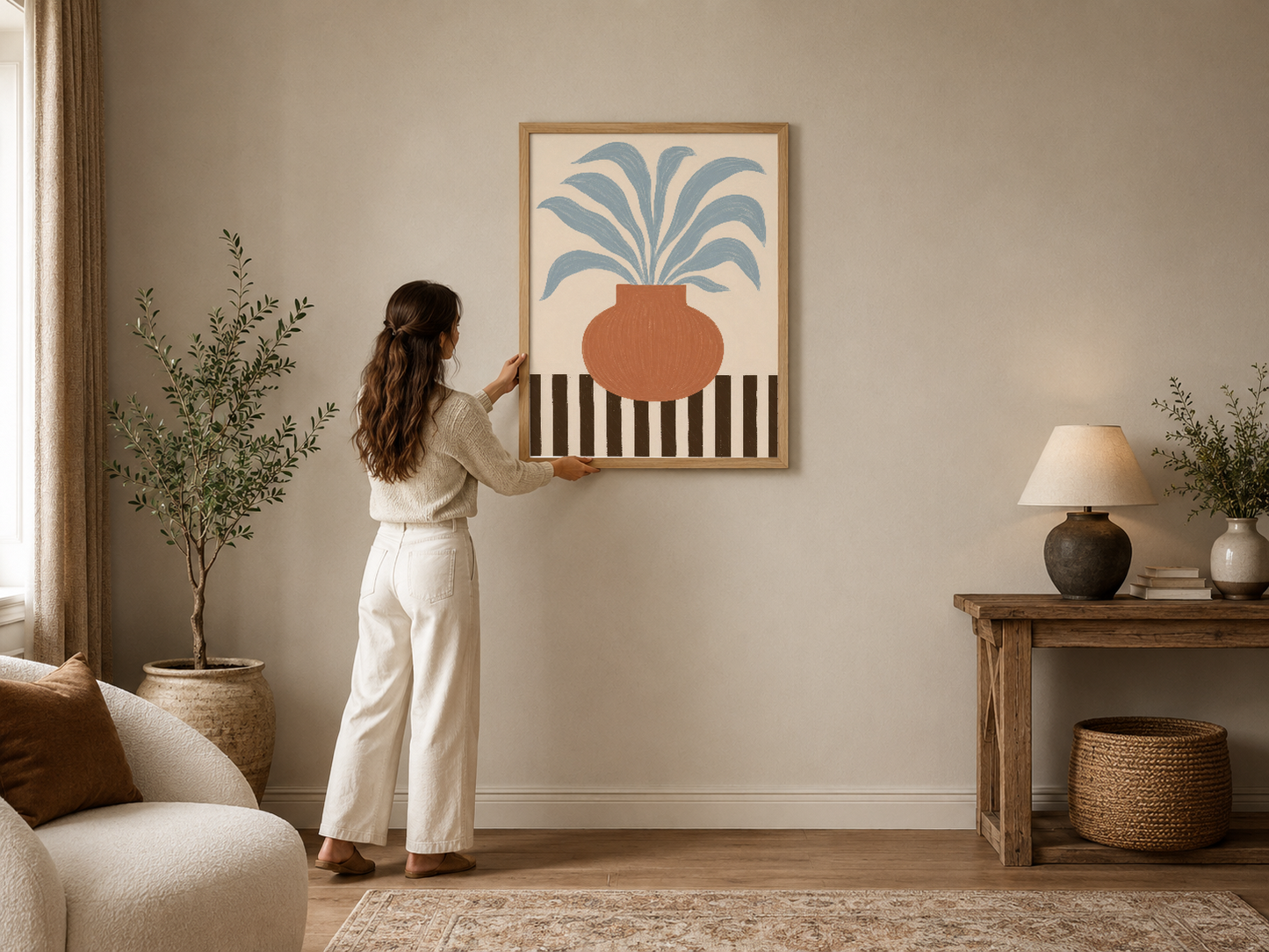 Terracotta vazo ve mavi yapraklardan oluşan Art Deco tarzı poster, modern salon dekorasyonunda çerçeveli.
