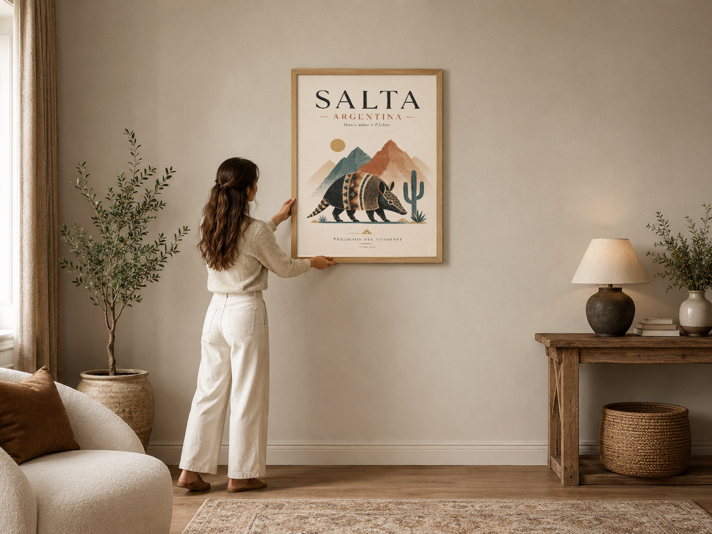 Salta, Arjantin temasında ayı ve kaktüs desenli minimalist poster, ahşap çerçevede modern oturma odasında.
