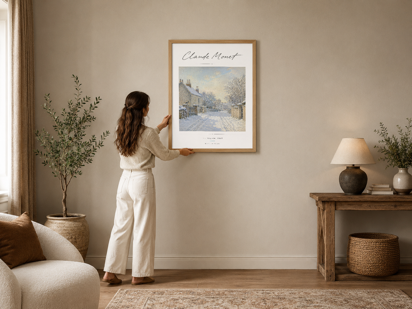 Monet'nin kar manzarası, ahşap çerçevede asılı, sıcak ve minimalist bir oturma odasını zarif kültürlü bir hava katıyor.