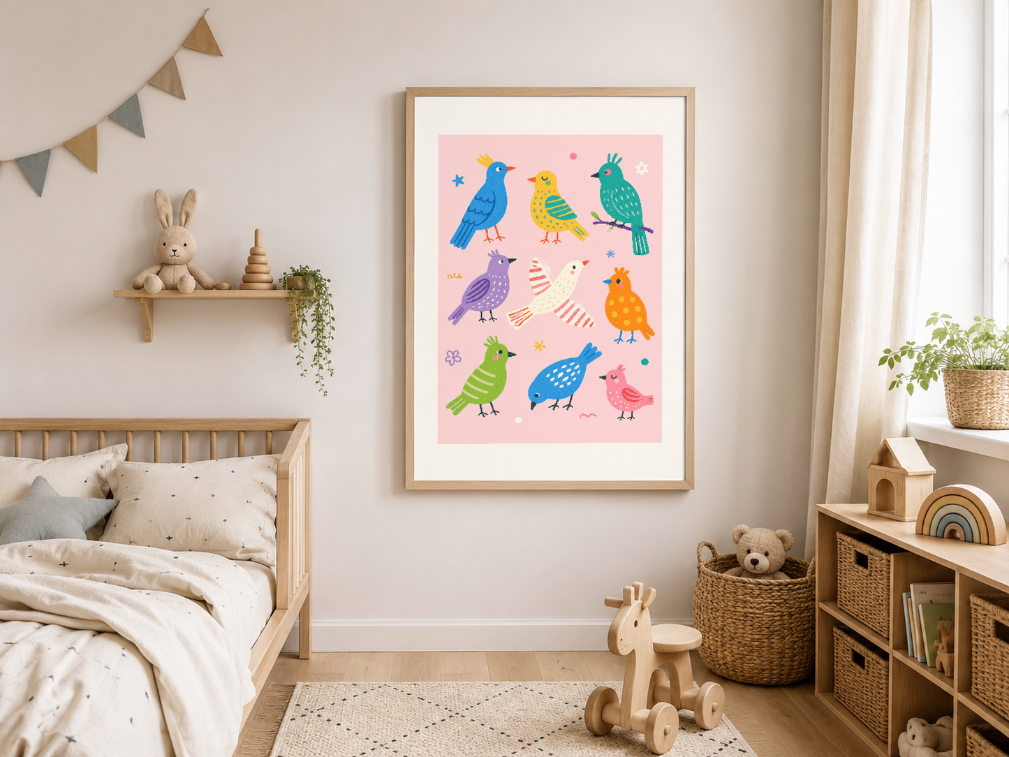 Renkli kuşlar ve dekoratif öğelerle dolu pembe fondolu çocuk odası posteri, ahşap çerçevede.