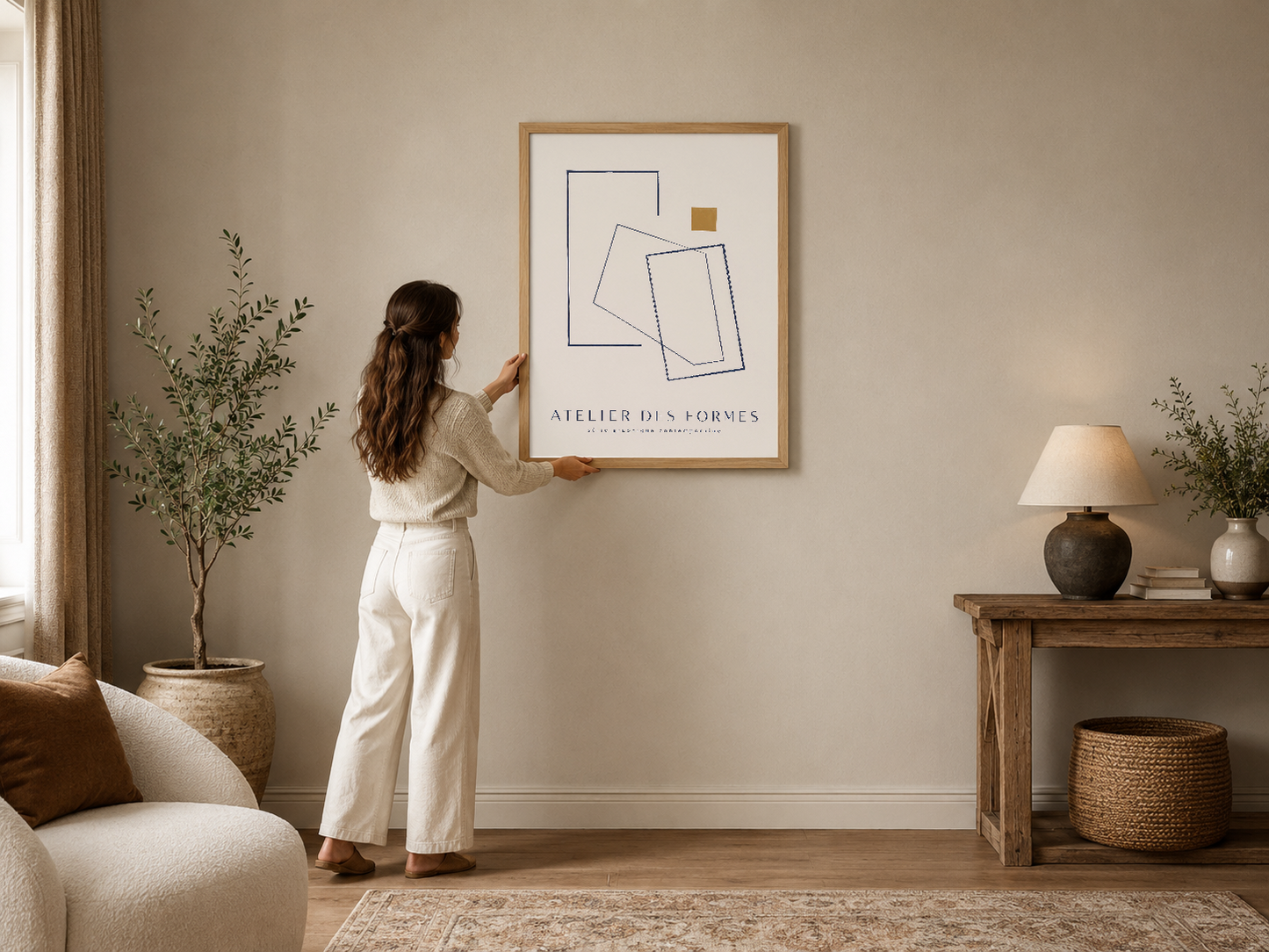 Minimalist geometrik çizimler ve altın aksentli tasarım, ahşap çerçevede modern salon dekorasyonunda.