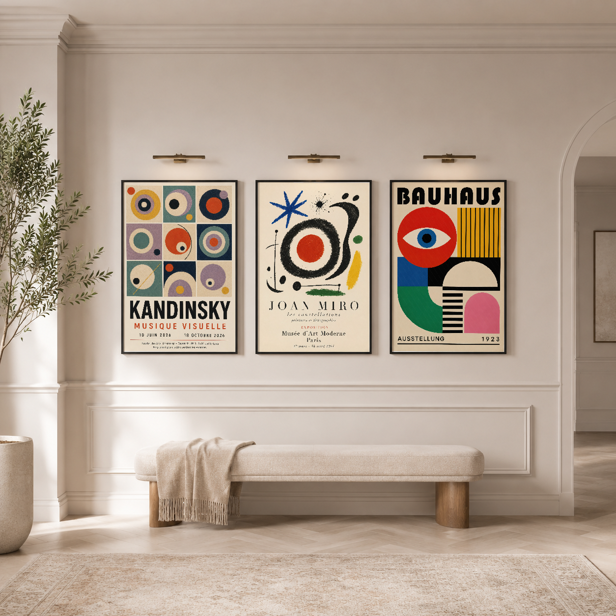 Kandinsky, Miró ve Bauhaus sanat pozu şekilde çerçeveli üç panel tablo, canlı renk ve geometrik tasarımla modern estetik
