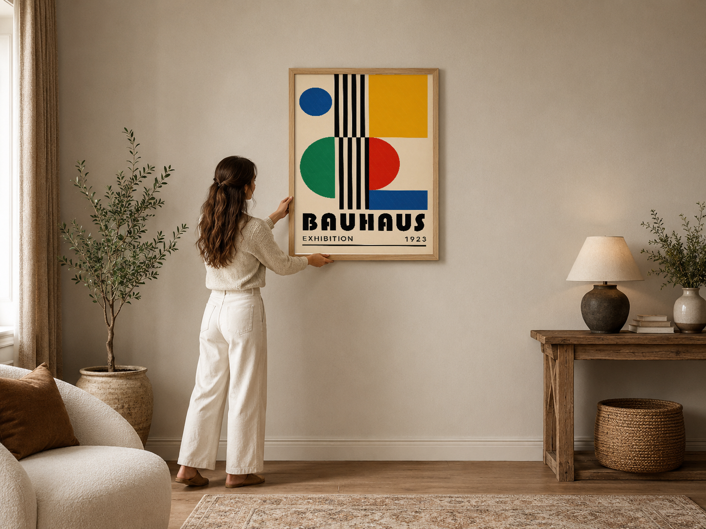 Bauhaus Exhibition 1923 posteri, geometrik şekiller ve canlı renklerle tasarlanmış ikonik modernist tablo.