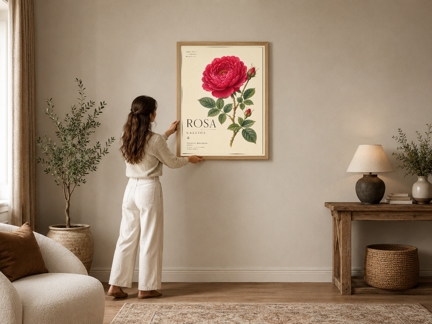 Botanik tarzı pembe gül tablosu, ahşap çerçeveli, modern oturma odasında duvar dekorasyonu.