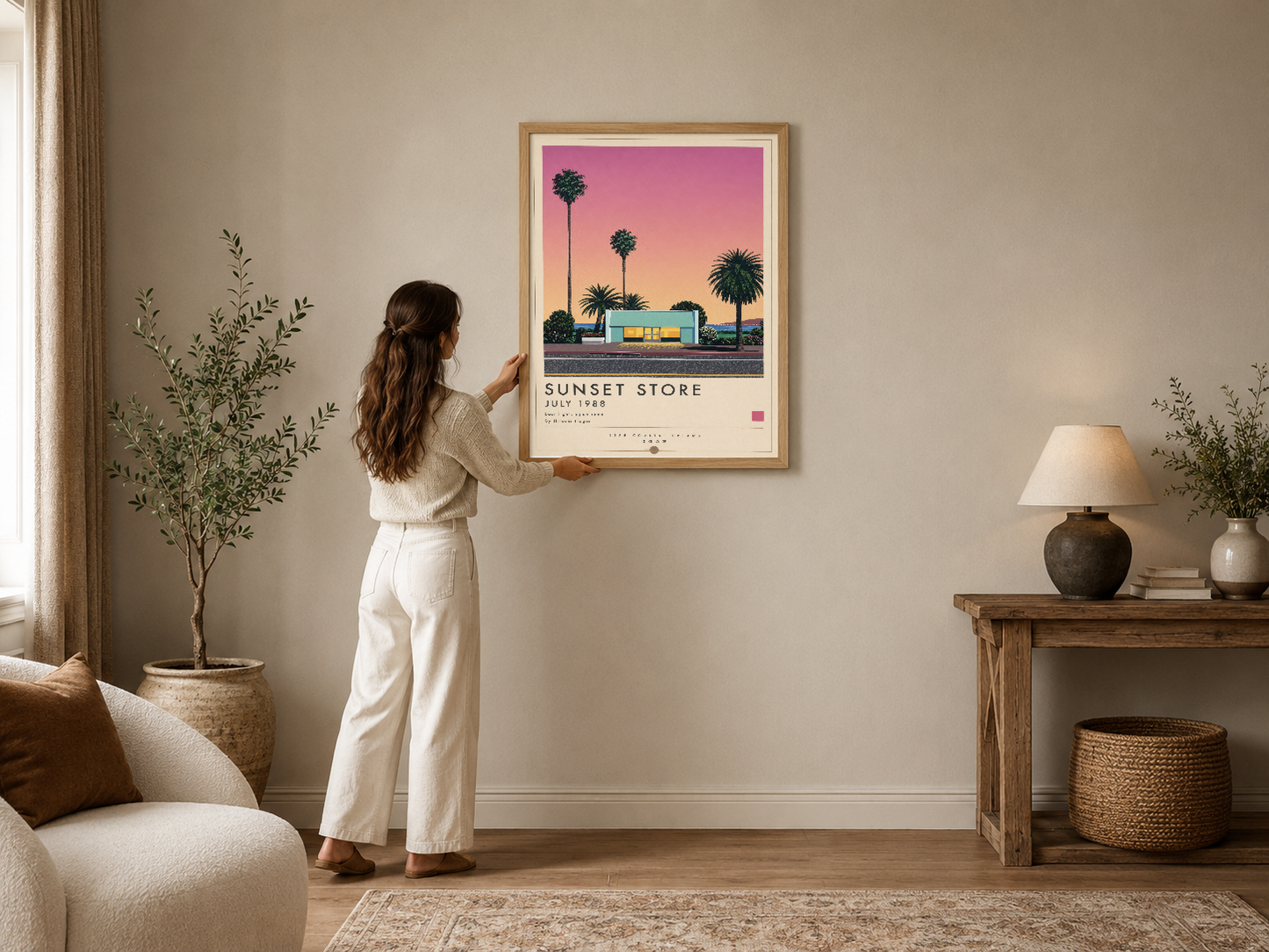 Nostaljik Sunset Store posteri, sıcak pembe-turuncu gradyan gökyüzü altında turkuaz dükkanı ve palmiye ağaçlarıyla retro