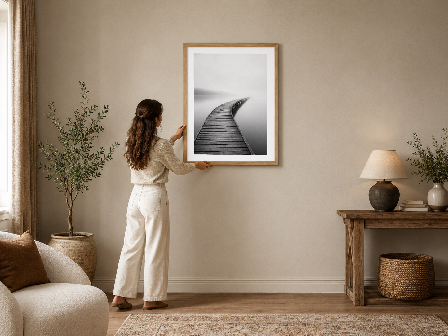 Ahşap çerçeveli siyah beyaz fotoğraf, uzun bir iskeleyi gösteren minimalist sanat tablosu modern oturma odasında.
