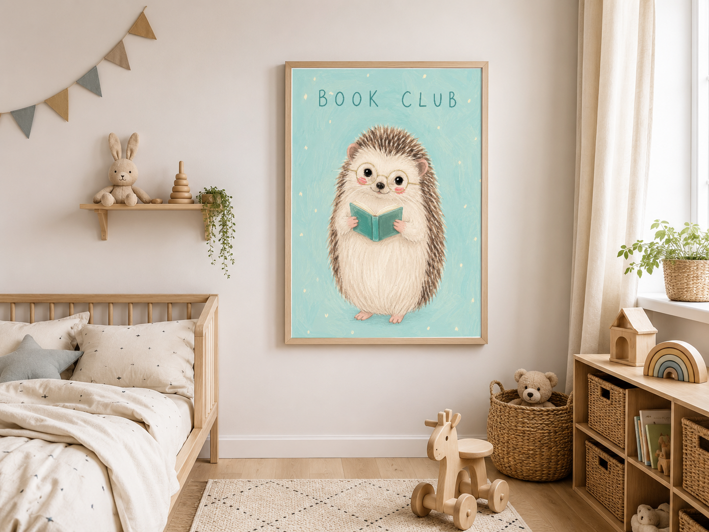 Kitap okuyan sevimli kirpi karakterinin pastel turkuaz fonda yer aldığı, çocuk odası duvar tablosu.