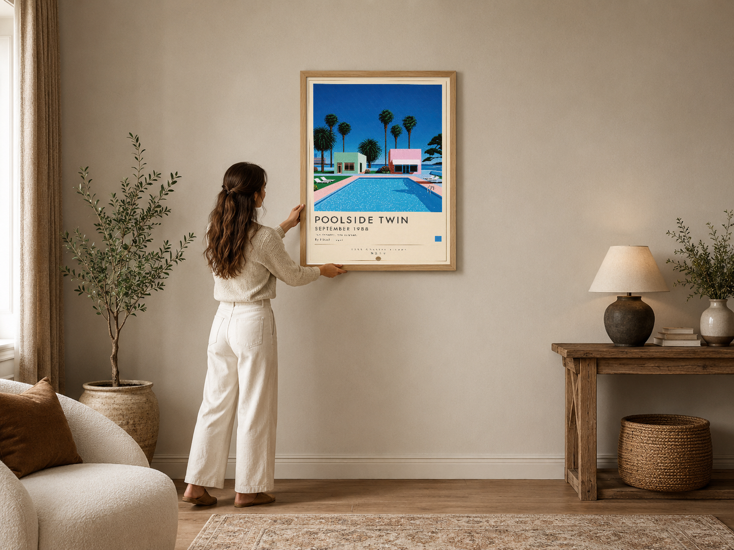 Retro tarzda Poolside Twin posteri, çerçeveli olarak modern oturma odasında sergilenmiş, güneşli havuzun dingin güzelliğini