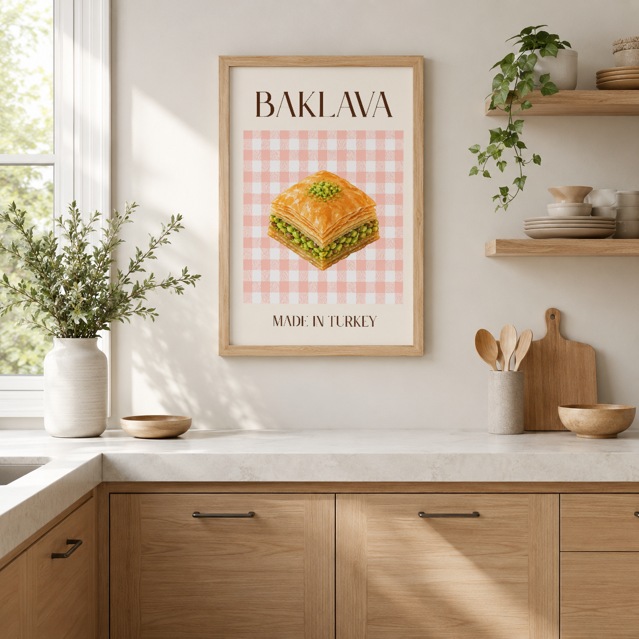 Baklava temalı modern poster, pembe-beyaz kareli arka funda üzerinde altın sarısı pastane görseli ve Türkiye yazısıyla mutfak