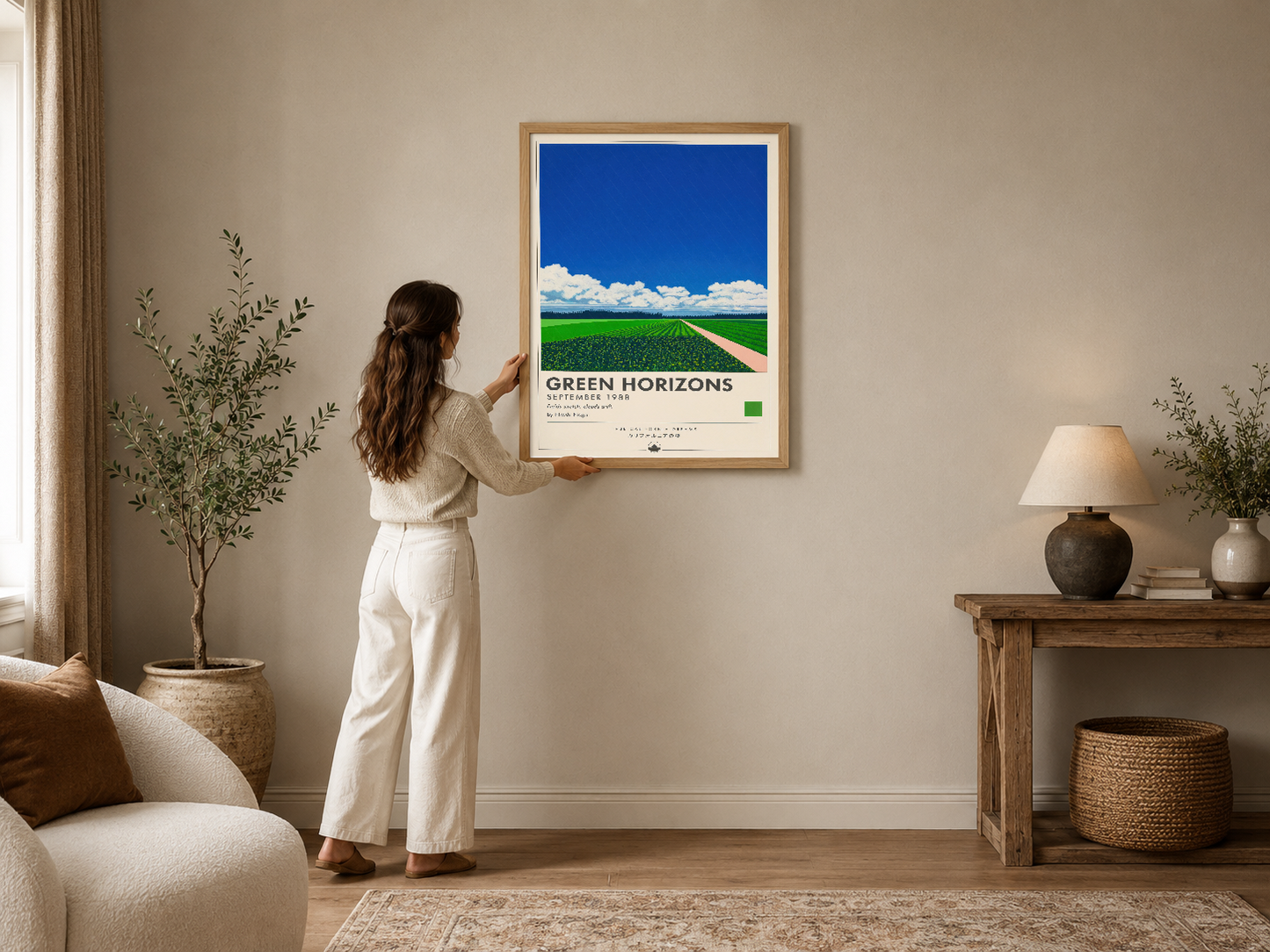 Açık mekanda yeşil ufuklar temalı retro poster, doğal ahşap çerçevede, sakin iç mekan dekorasyonunda sergilenmektedir.