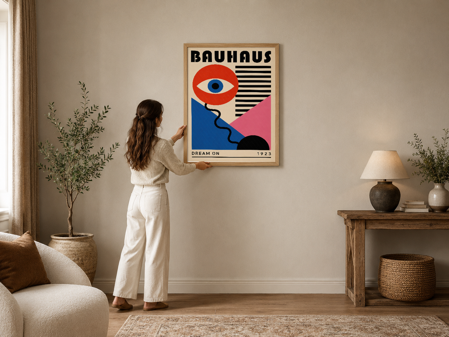 Bauhaus tarzı poster, cesur kırmızı göz ve geometrik desenlerle modern tasarım, ahşap çerçeveli duvar dekoru.