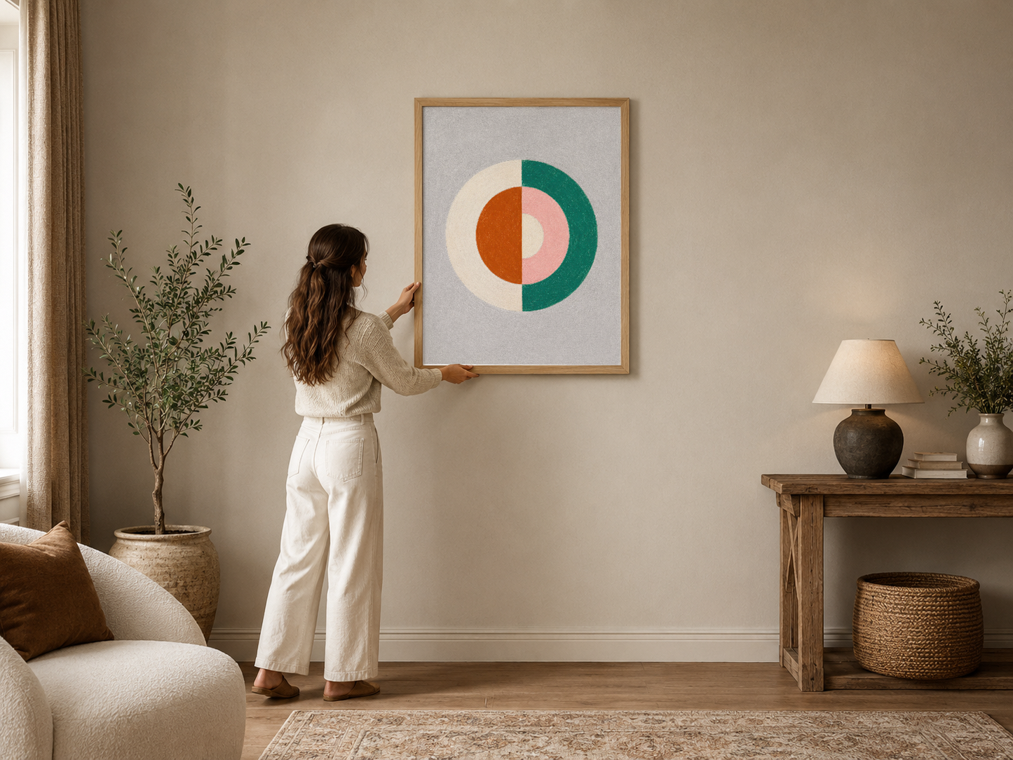 Geometrik daire motifiyle tasarlanmış modern sanat tablosu, sıcak renk paleti ve minimalist estetik ile oturma odasını