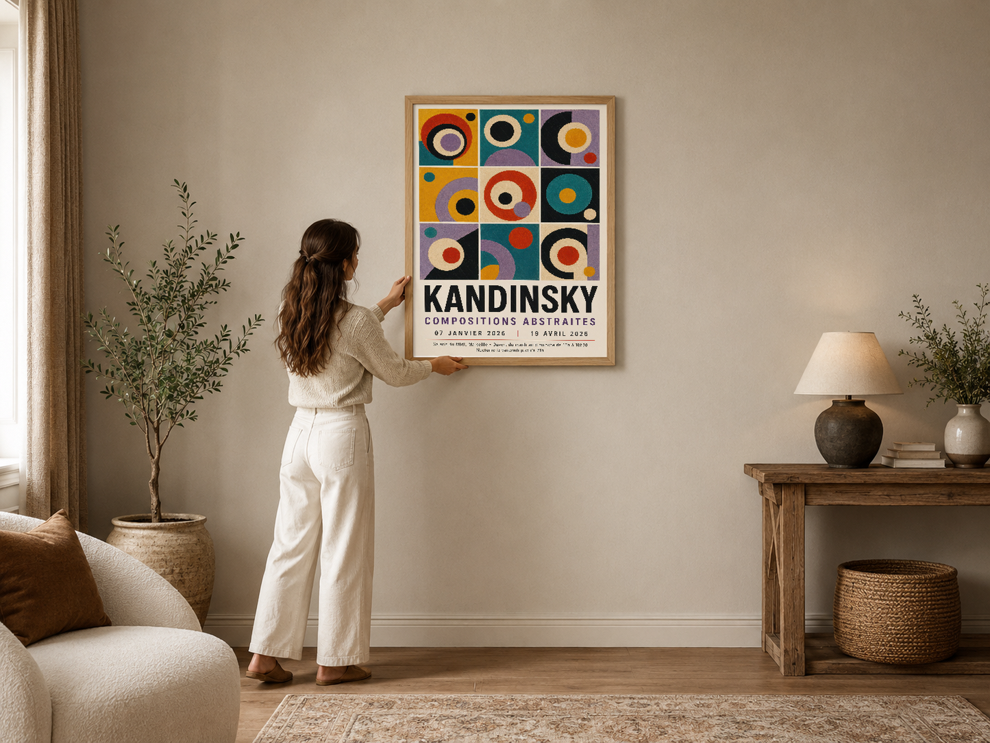 Kandinsky soyut sanat poster, renkli geometrik daireler ve kareler motifiyle modern oturma odasını canlandırır.
