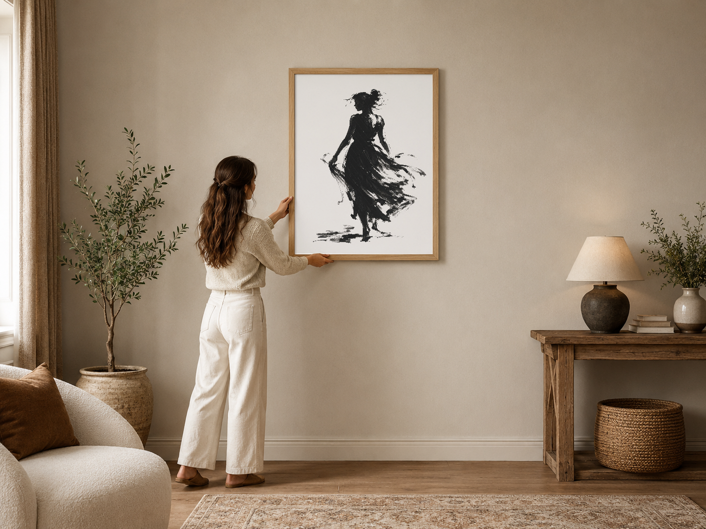 Siyah mürekkep stilinde dansçı figürü, ahşap çerçeveli table, modern nötr ev dekorasyonunda.