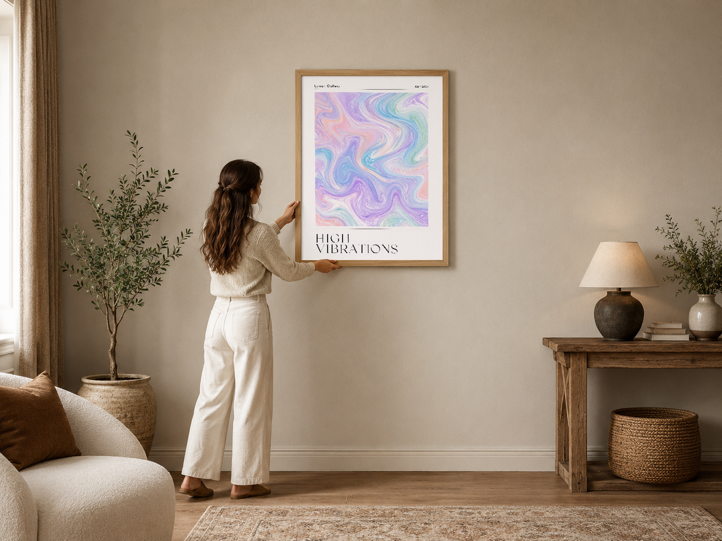 Pastel renkli sıvı sanat desenli High Vibrations posteri, doğal ahşap çerçevede modern bir oturma odasını süslemektedir.