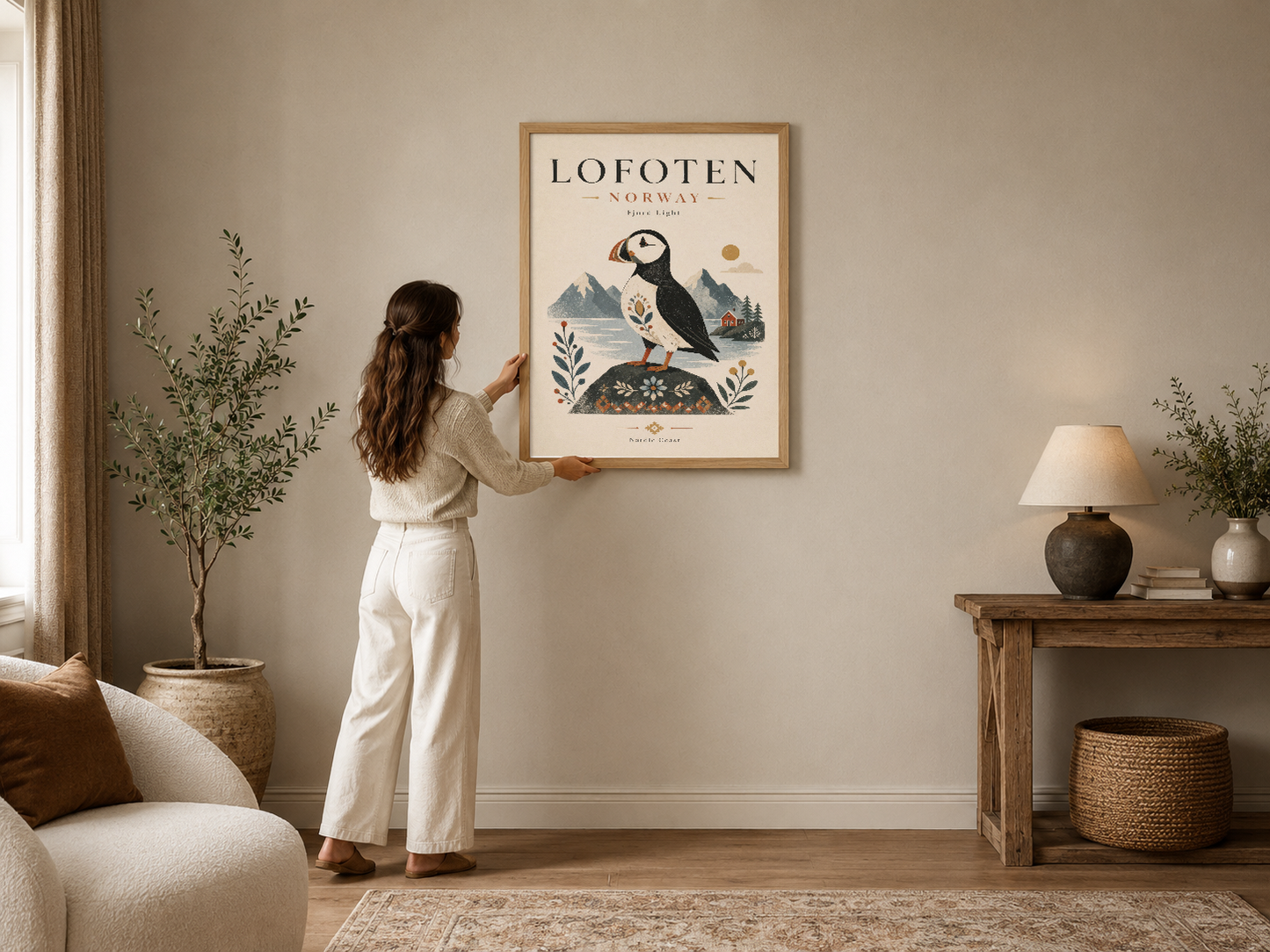 Lofoten Norveç temalı, papagan kuşu ve dağ manzarasıyla hazırlanmış vintage stil poster.