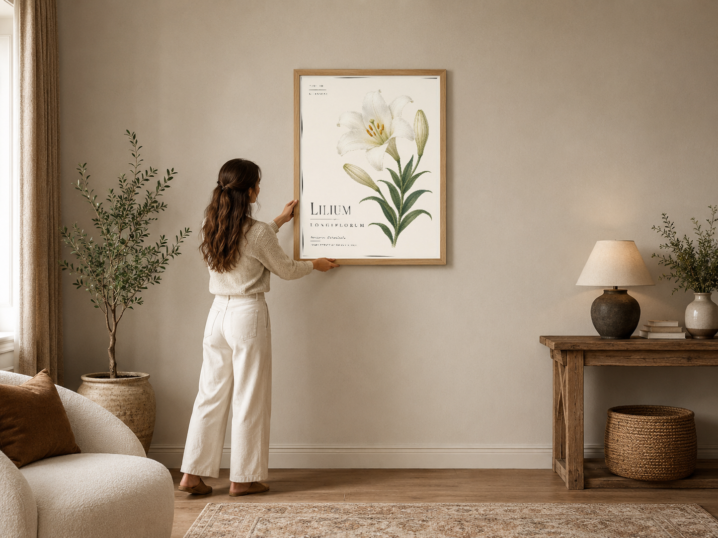 Botanik lilium çiçeği tablosu, klasik çerçevesi ile modern oturma odasının duvarını süslüyor.