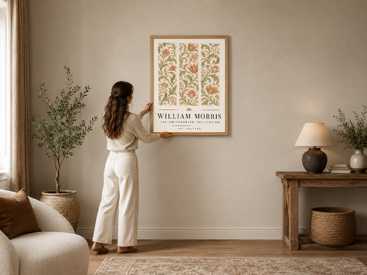 William Morris botanik deseni, vintage ahşap çerçevede, nötr tonda oturma odasının duvar dekorasyonu.
