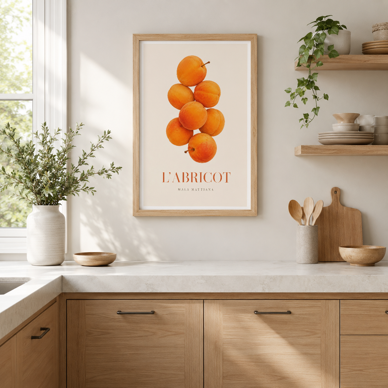 Parlak turuncu kayısıları tasvir eden minimalist stil tablo, doğal çerçeveli modern mutfak dekorasyonunda.