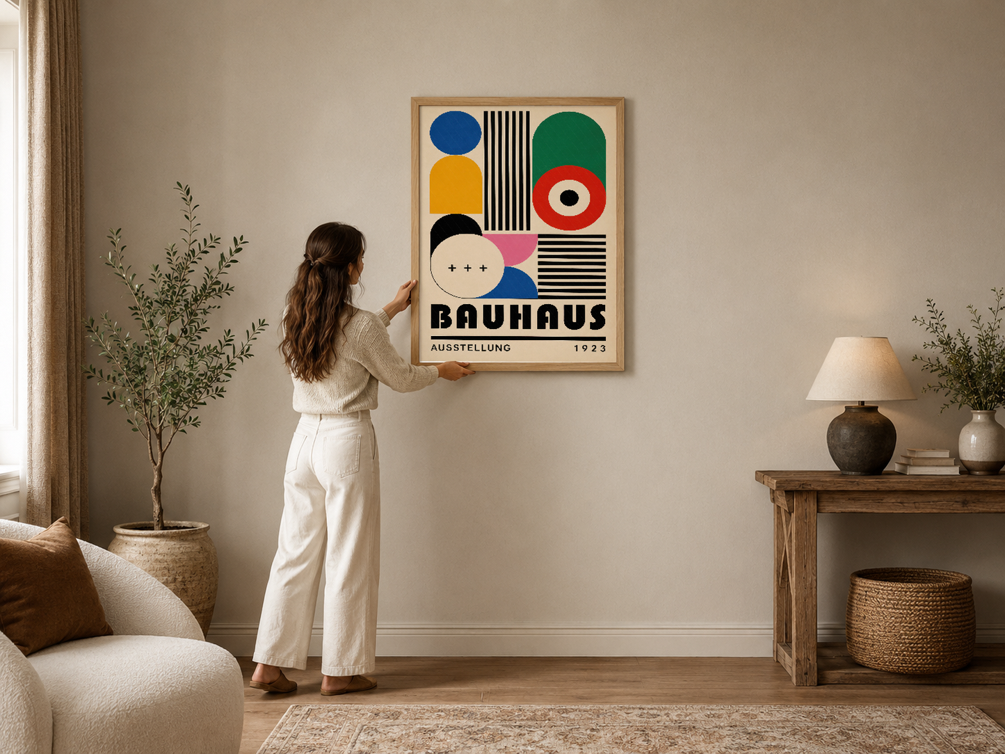 Bauhaus 1923 sergisi posterinin çerçeveli versiyonu, geometrik şekiller ve canlı renklerle modern dekorasyonu tamamlıyor.
