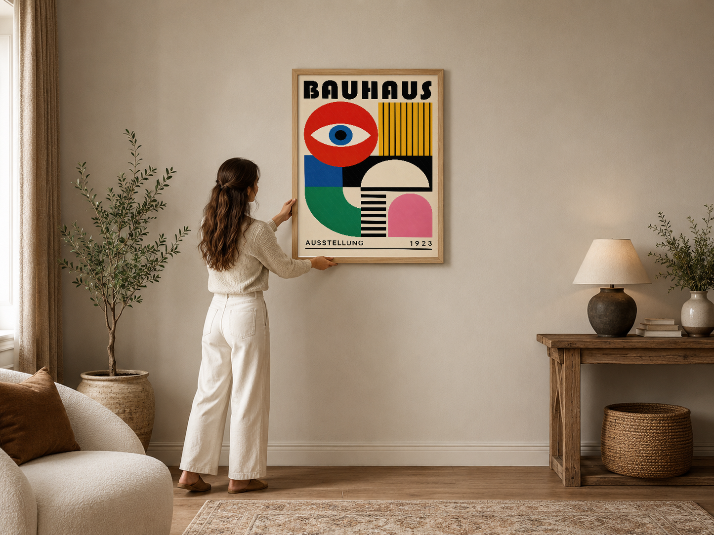 Bauhaus 1923 sergisi posteri, canlı renk geometrileri ve stilize göz motifiyle modern oturma alanında.