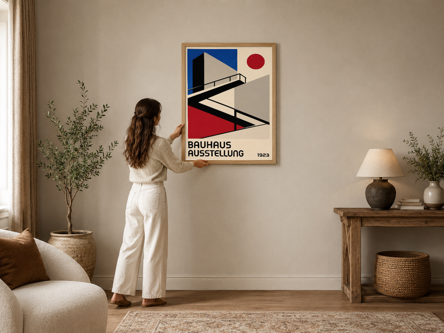 Bauhaus tasarımı geometrik poster, siyah çerçevede modern oturma odasında kanepenin üstünde sergileniyor.