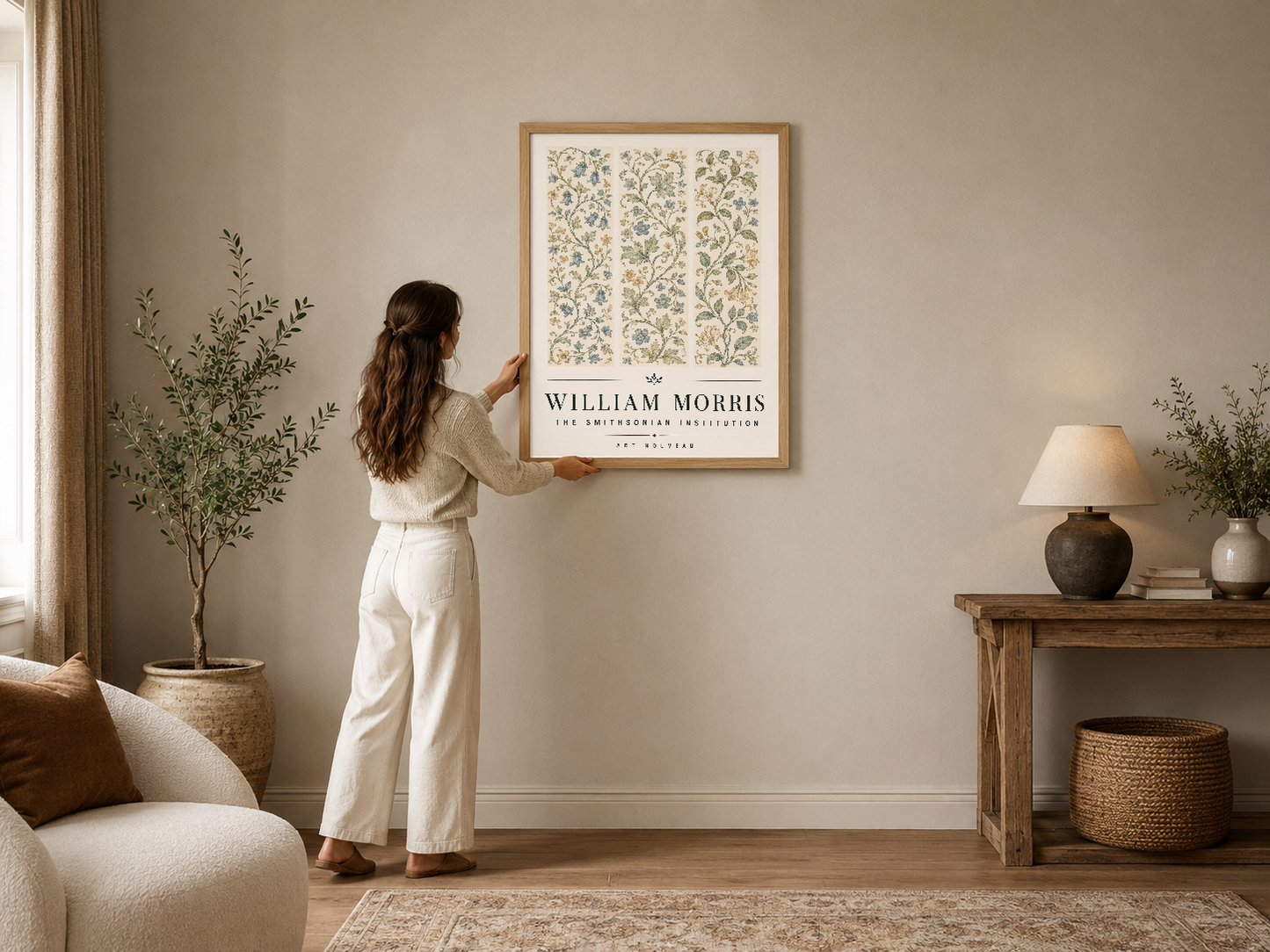 William Morris botanik deseni tablosu, doğal çerçevesiyle modern bir oturma odasının duvarını süslemektedir.